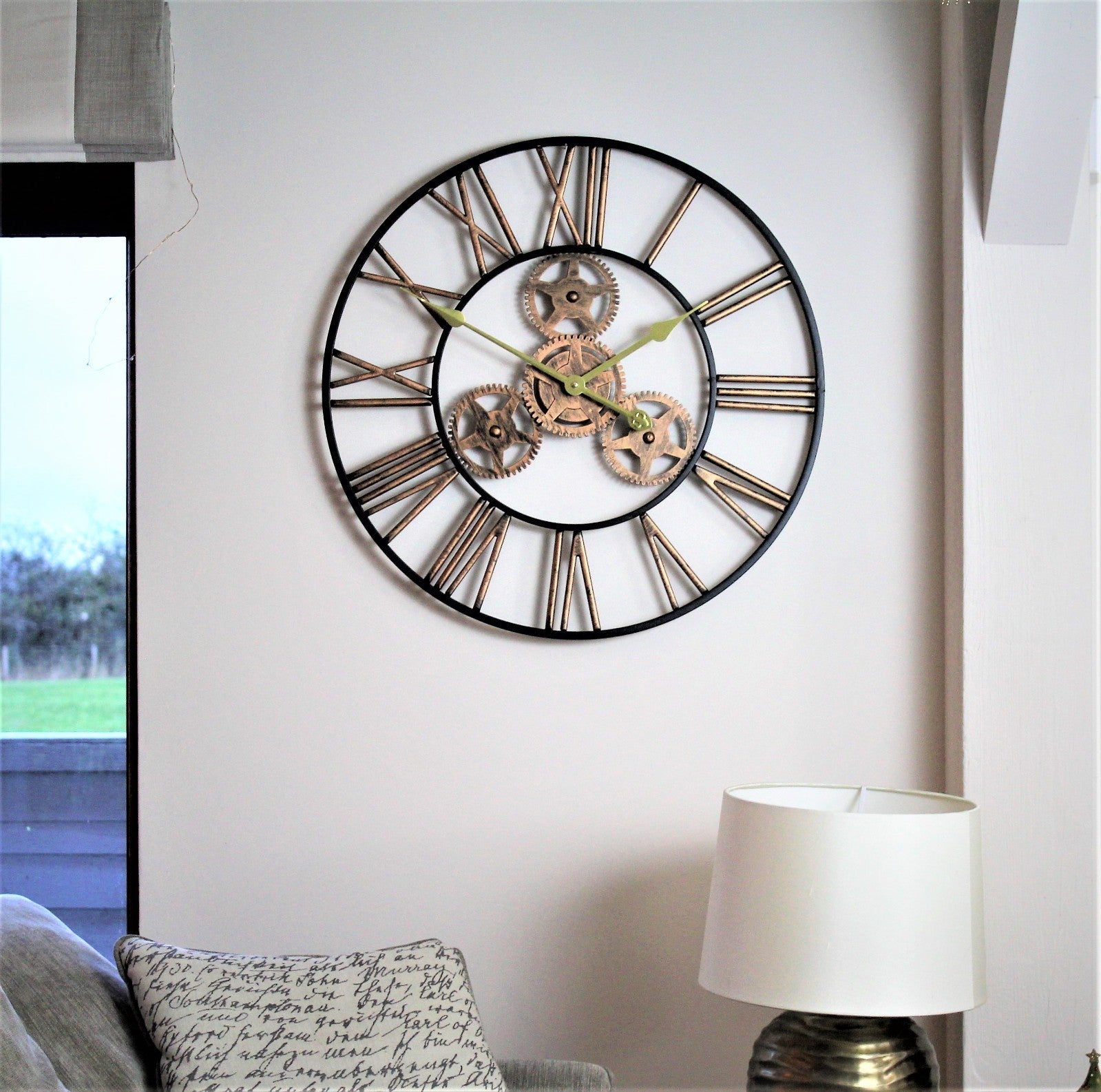 Large Metal Skeleton Wall Clock Antique Gold Home Decor round 58Cm Indoor & Out