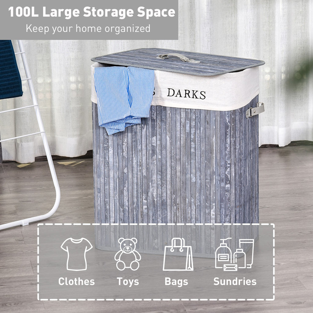 HOMCOM 100L Laundry Hamper Large 100L Double Washing Clothes Basket Grey