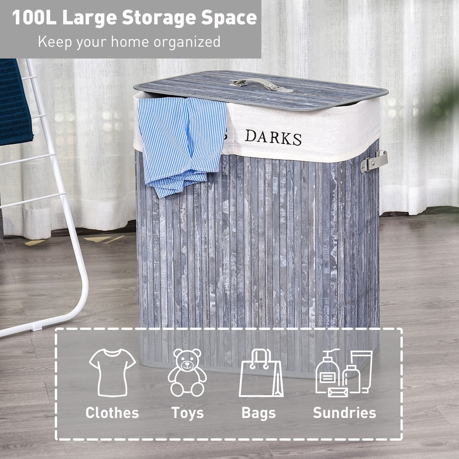 HOMCOM 100L Laundry Hamper Large 100L Double Washing Clothes Basket Grey