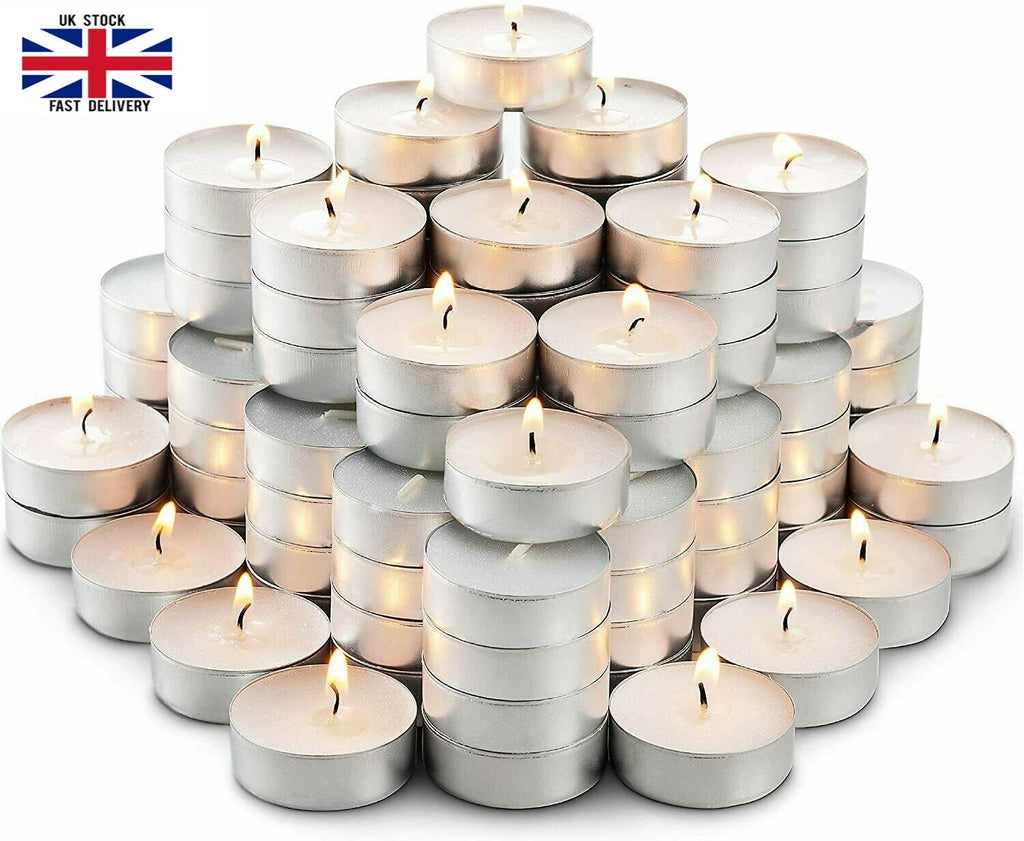 100Pc Tea Lights Candles White Unsented with 4 Hour Burn Time