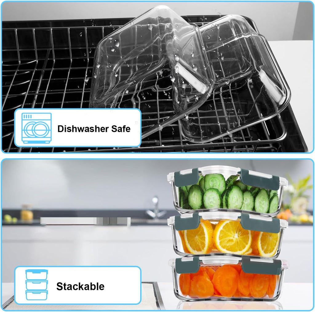 5 Pack 36 OZ Glass Meal Prep Containers, Airtight Glass Lunch Containers Set, Glass Food Storage Containers with Lids,Bpa-Free, for Microwave, Oven, Freezer & Dishwasher Friendly,Grey