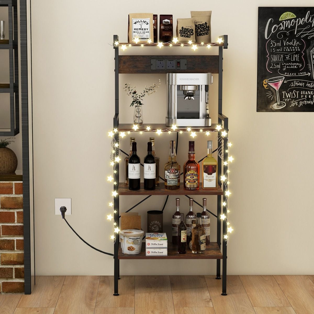 4-Tier Kitchen Bakers Rack with Power Outlet and 8 S-Hooks