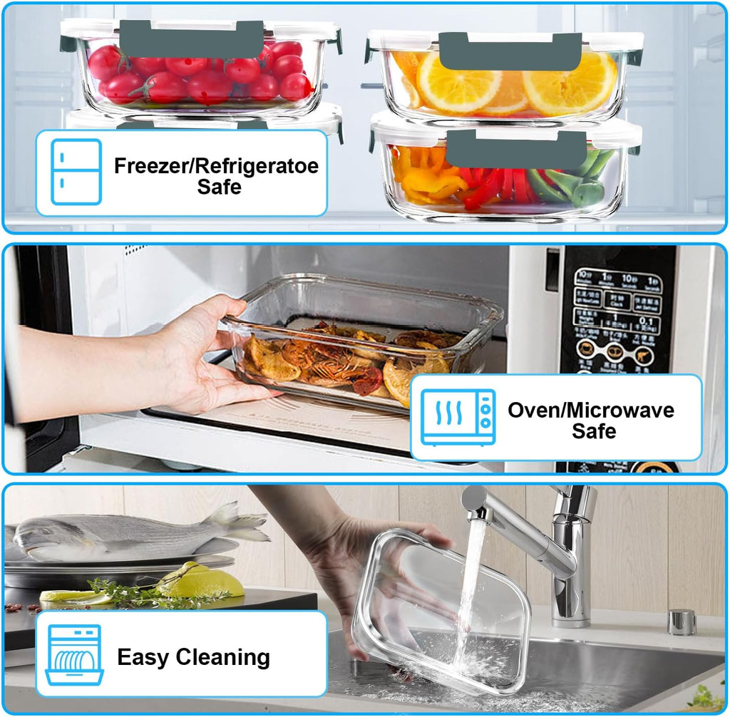 5 Pack 36 OZ Glass Meal Prep Containers, Airtight Glass Lunch Containers Set, Glass Food Storage Containers with Lids,Bpa-Free, for Microwave, Oven, Freezer & Dishwasher Friendly,Grey