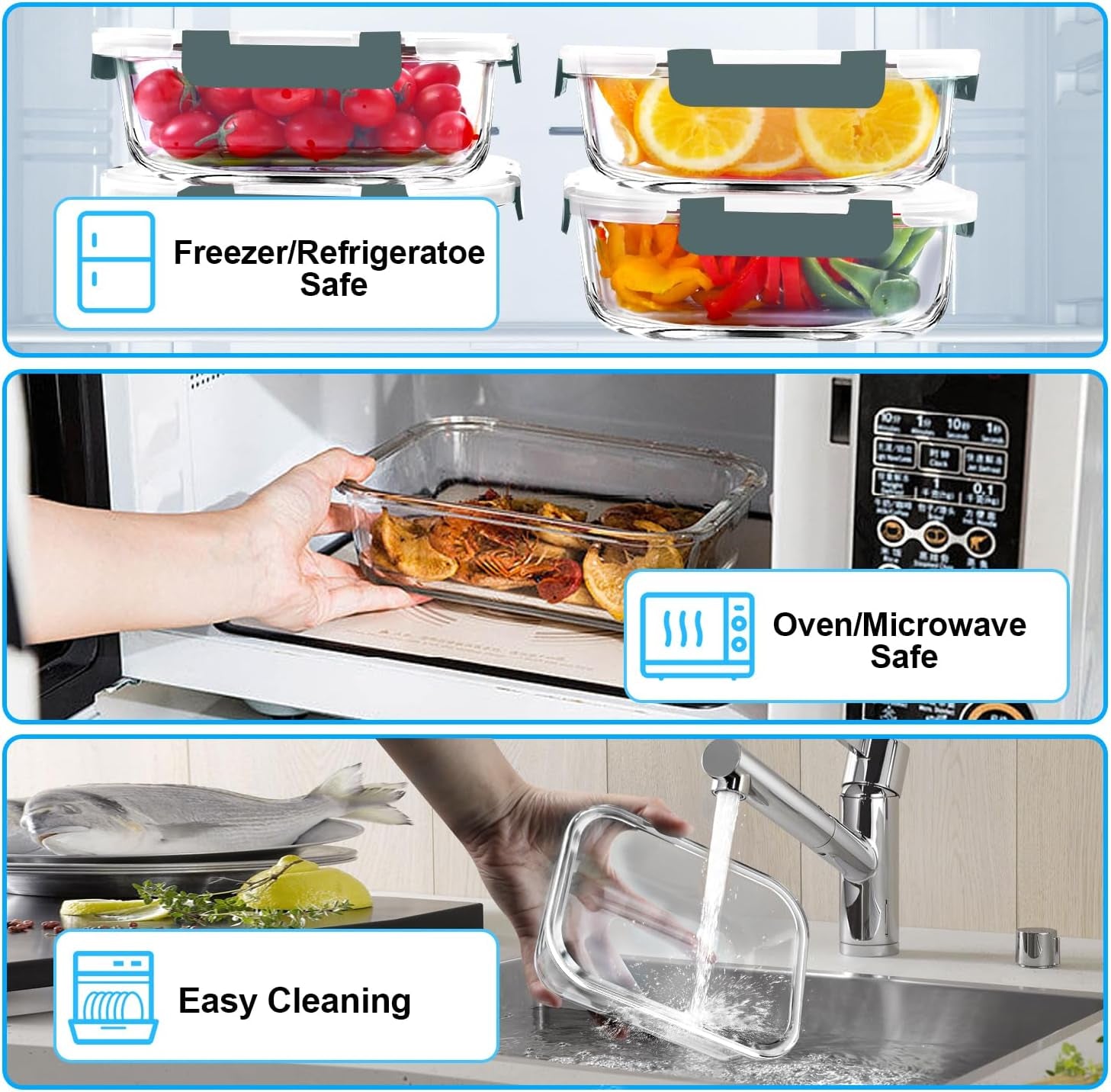 5 Pack 36 OZ Glass Meal Prep Containers, Airtight Glass Lunch Containers Set, Glass Food Storage Containers with Lids,Bpa-Free, for Microwave, Oven, Freezer & Dishwasher Friendly,Grey