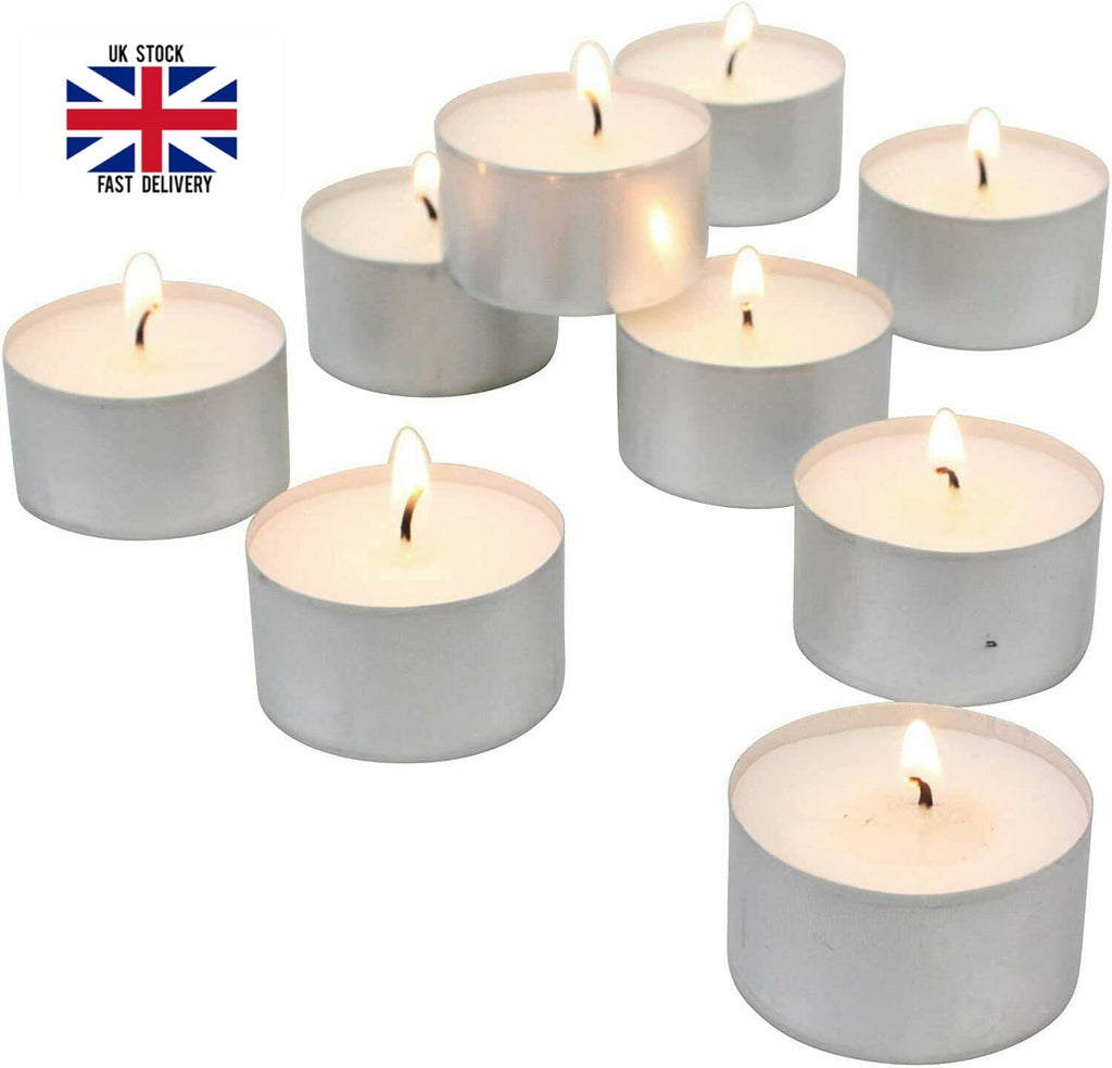 100Pc Tea Lights Candles White Unsented with 4 Hour Burn Time