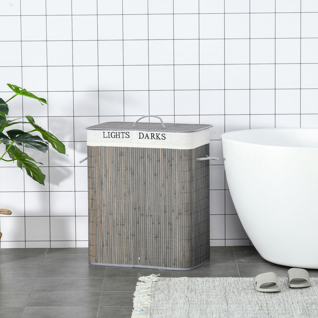 100L Laundry Basket 2 Compartment Lid Removable Lining Handles, Grey