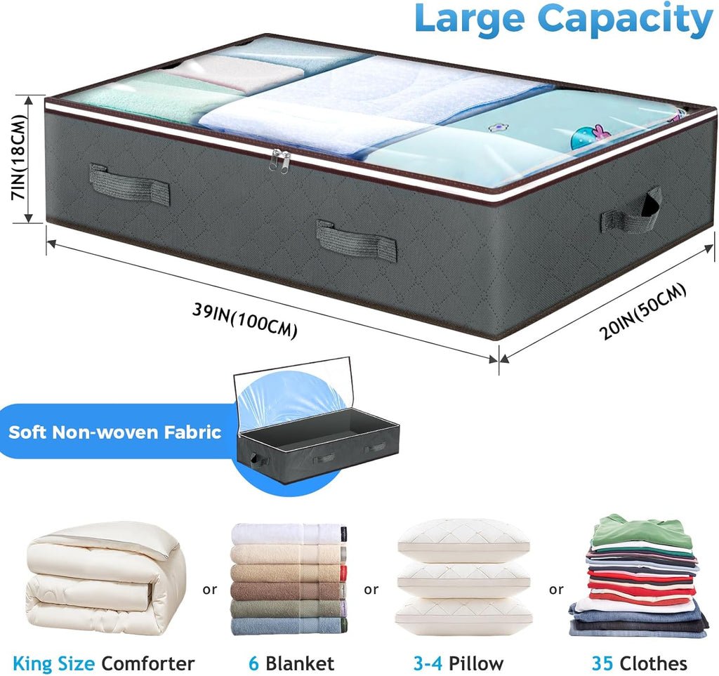 4 Pack Underbed Storage, 90L Large under Bed Storage Box with Lid, Clothes Storage Bags with Clear Window and Reinforced Handles for Blanket, Clothes, Comforters, Grey