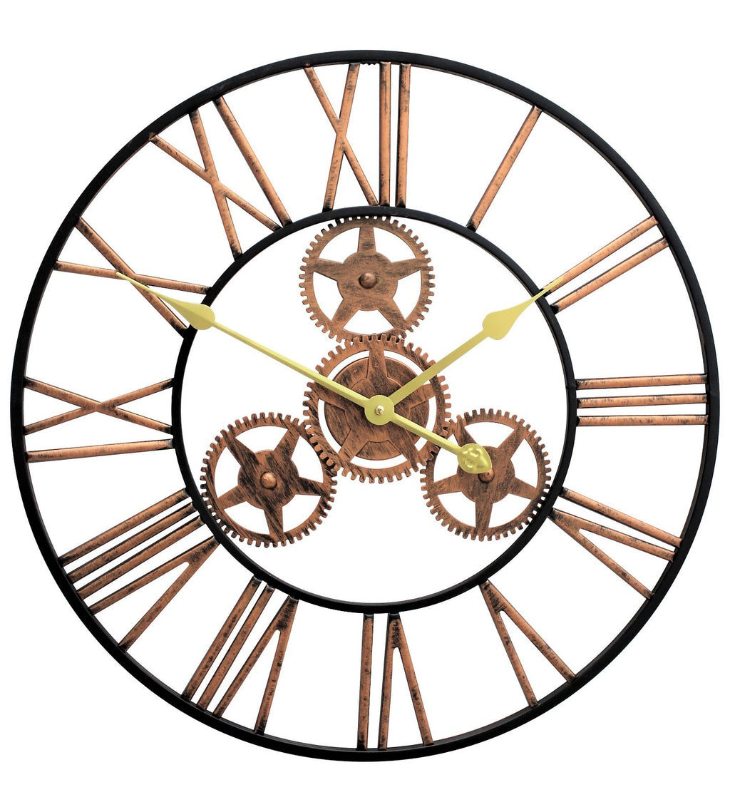 Large Metal Skeleton Wall Clock Antique Gold Home Decor round 58Cm Indoor & Out