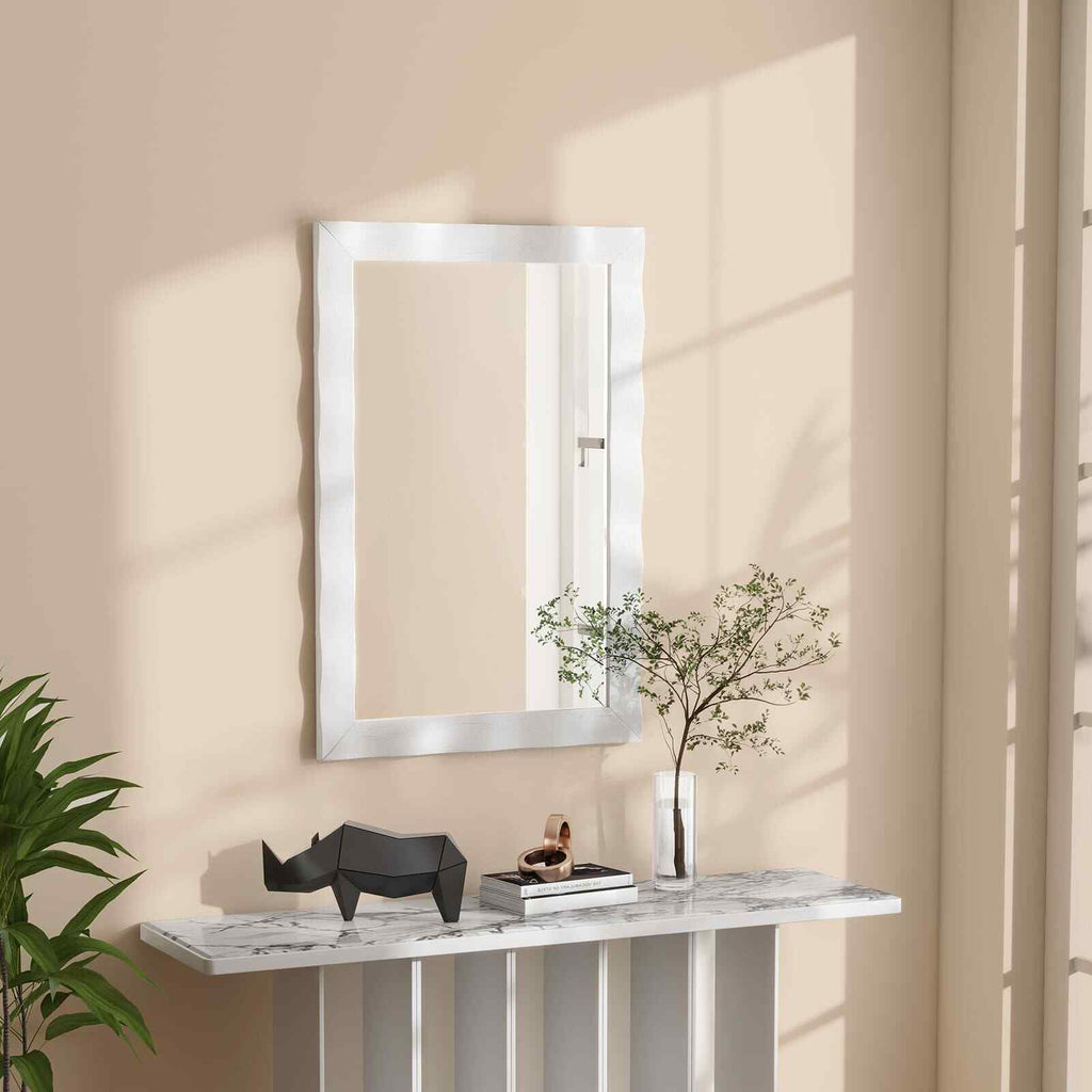 COSTWAY Farmhouse Wall Mirror 106CM X71Cm Wood Vanity Wall Mirror-White