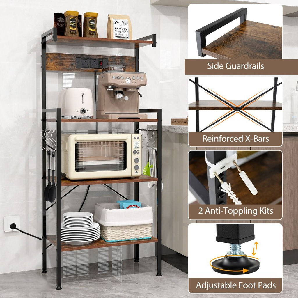 4-Tier Kitchen Bakers Rack with Power Outlet and 8 S-Hooks