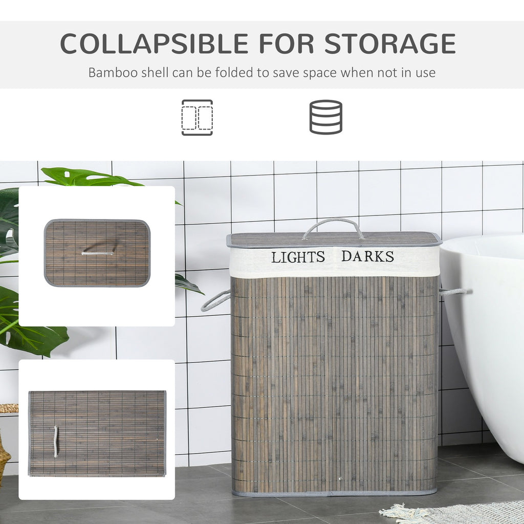 100L Laundry Basket 2 Compartment Lid Removable Lining Handles, Grey