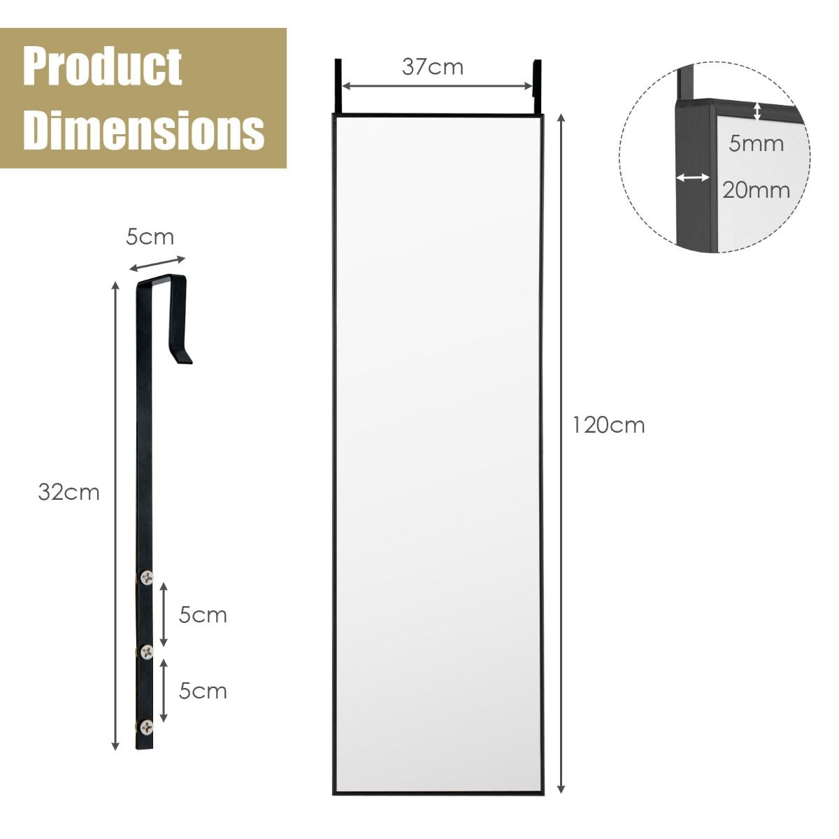 120 X 37 Cm Full Length Wall Hanging Mirror with Adjustable Hook