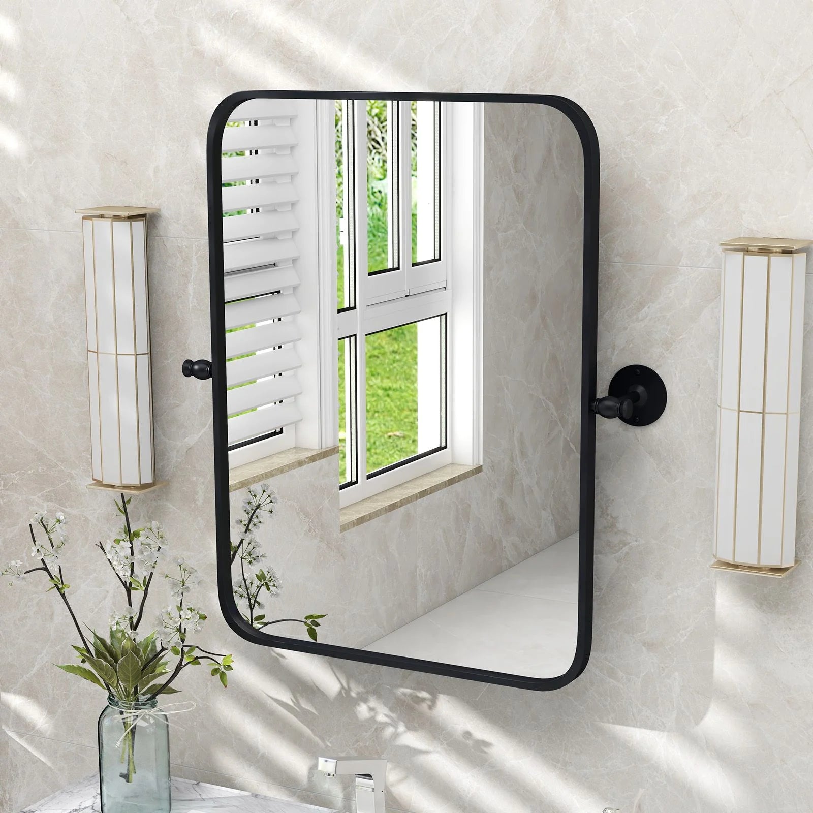 Black Metal Framed Pivot Rectangle Wall-Mounted Mirror