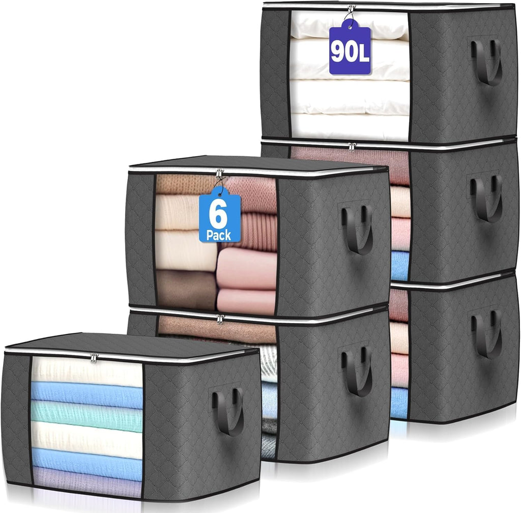 6 Pack 90L Storage Bags, Large Clothes Storage Bags with Zips Durable Handles Thick Fabric for Clothes, Bedding, Blankets, Comforters and Toys (Grey)