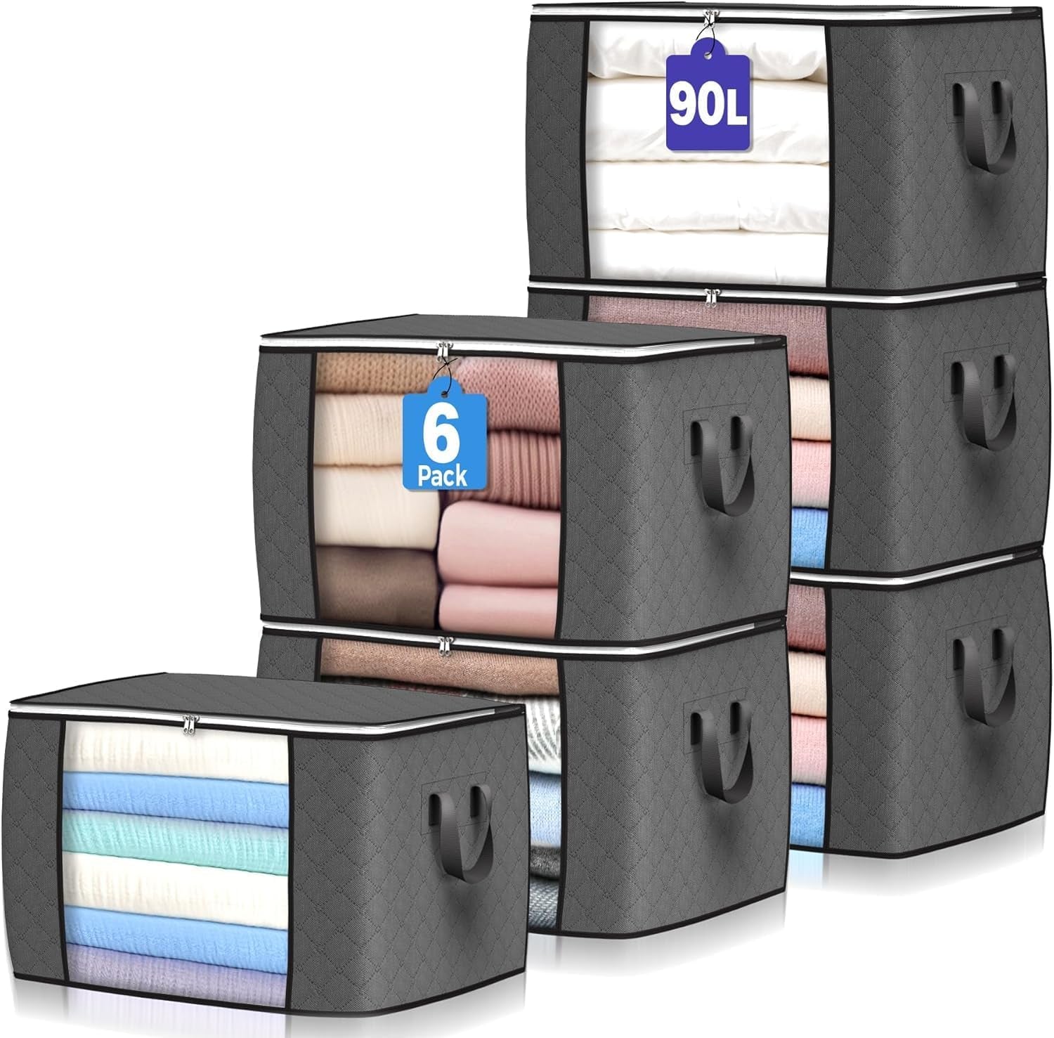 6 Pack 90L Storage Bags, Large Clothes Storage Bags with Zips Durable Handles Thick Fabric for Clothes, Bedding, Blankets, Comforters and Toys (Grey)